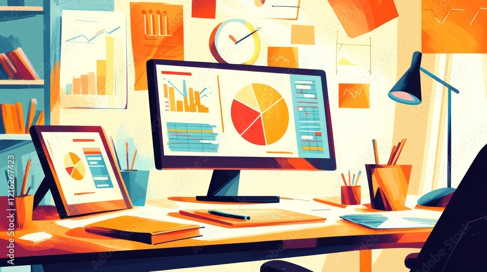 Poster marketing research data technology. modern office workspace with data analytics display.