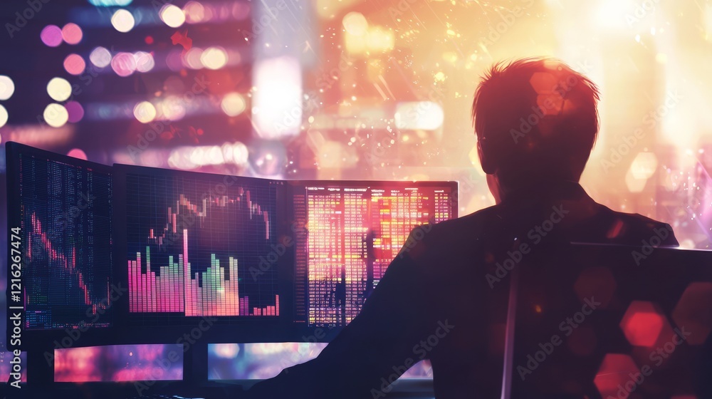 Poster marketing research data technology. night trader analyzing financial market data on monitors.