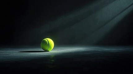 A single tennis ball illuminated by a spotlight on a dark court.