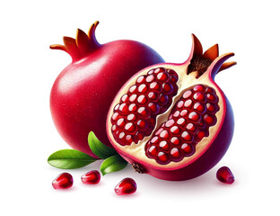 Vector illustration of whole pomegranate fruit with green leaves and open half of pomegranate isolated on white background.