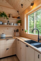 A minimalist kitchen in a tiny home featuring sleek design, natural light, and efficient use of space.