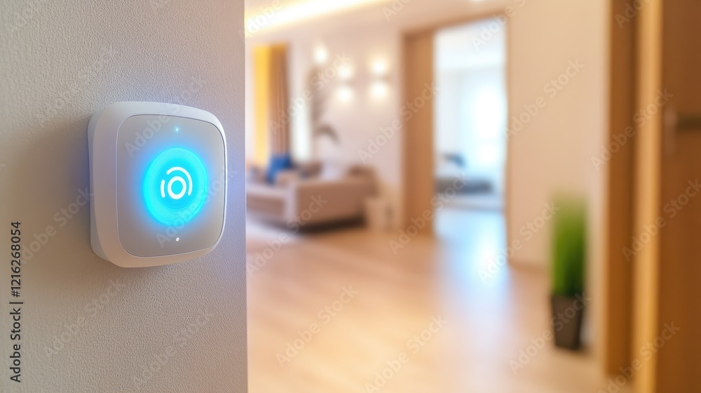 Poster a smart home device with an automatic motion sensor light in a hallway, glowing softly. empty space 