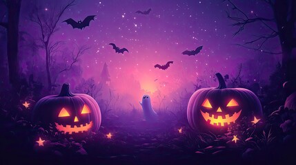 Evoke a spooky Halloween ambiance with this background featuring a pumpkin, spider web, ghost, bats, and stars on a purple backdrop