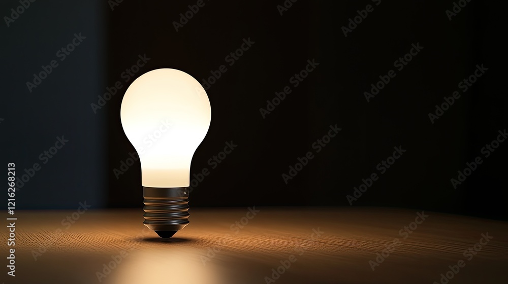 Poster a smart light bulb on a table with its glowing light in a dark room, symbolizing home automation. cl