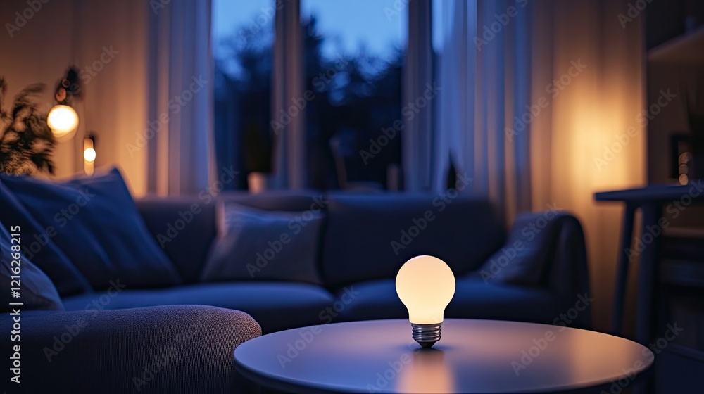 Poster a smart light bulb on a table with its glowing light in a dark room, symbolizing home automation. cl