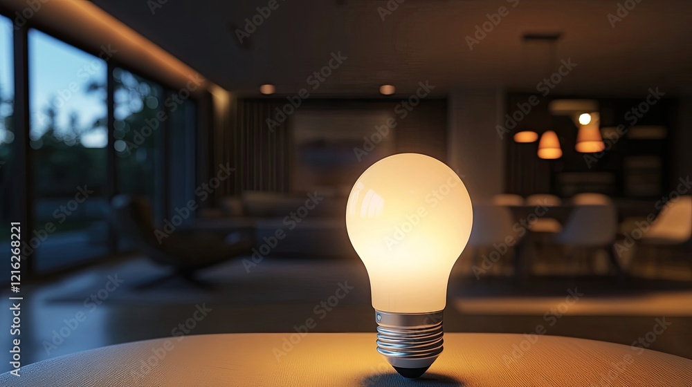Poster a smart light bulb on a table with its glowing light in a dark room, symbolizing home automation. cl