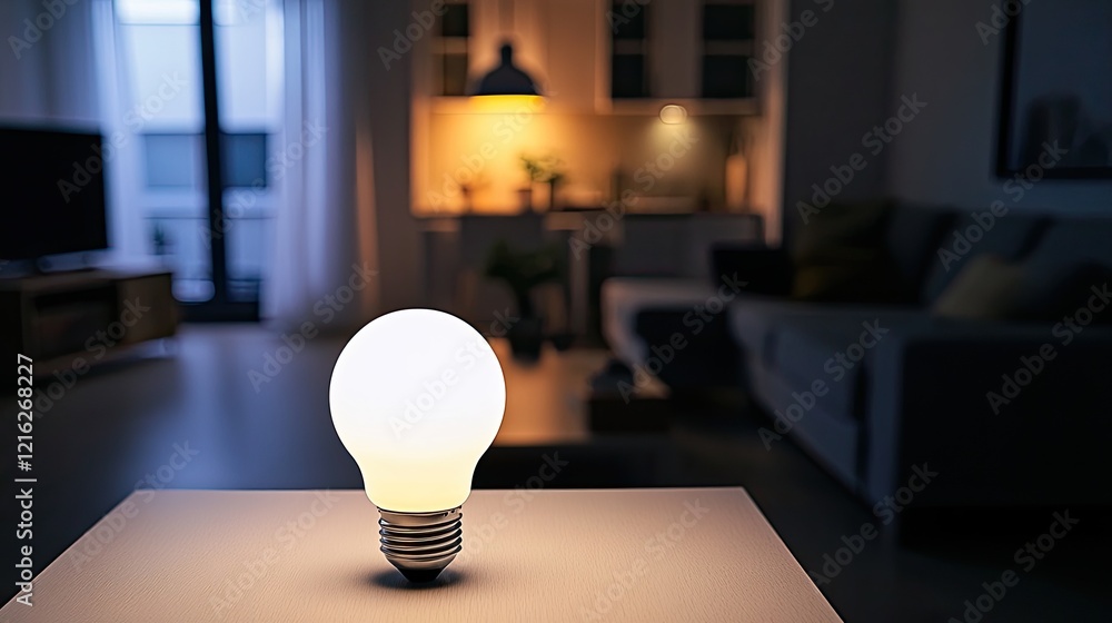 Poster a smart light bulb on a table with its glowing light in a dark room, symbolizing home automation. cl