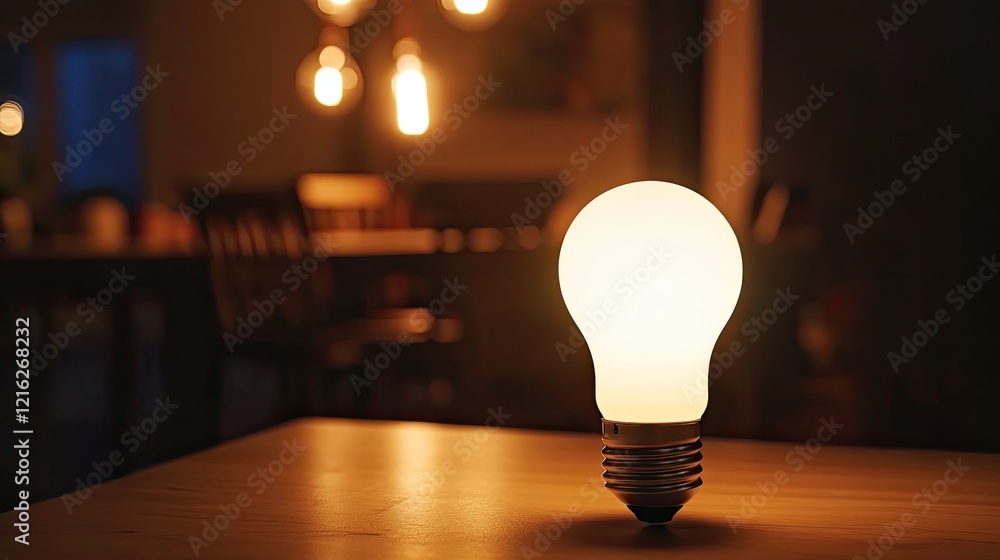 Poster a smart light bulb on a table with its glowing light in a dark room, symbolizing home automation. cl