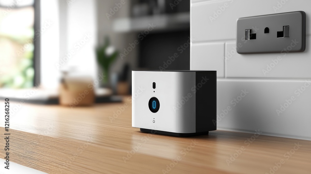 Poster a smart plug with a connected device, showing the power-on indicator. clean surface with empty space