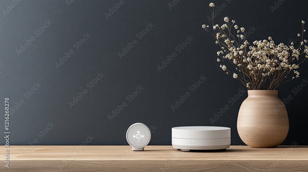 Poster a smart plug with a connected device, showing the power-on indicator. clean surface with empty space