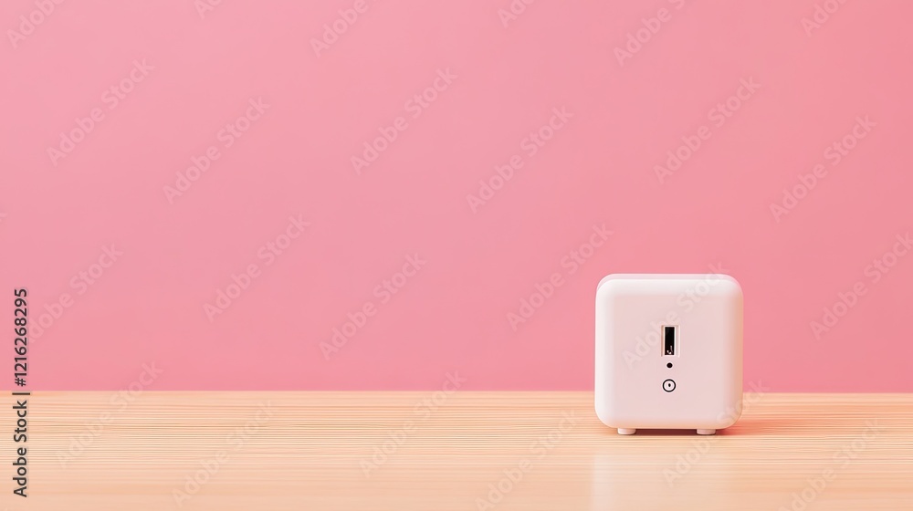 Poster a smart plug with a connected device, showing the power-on indicator. clean surface with empty space