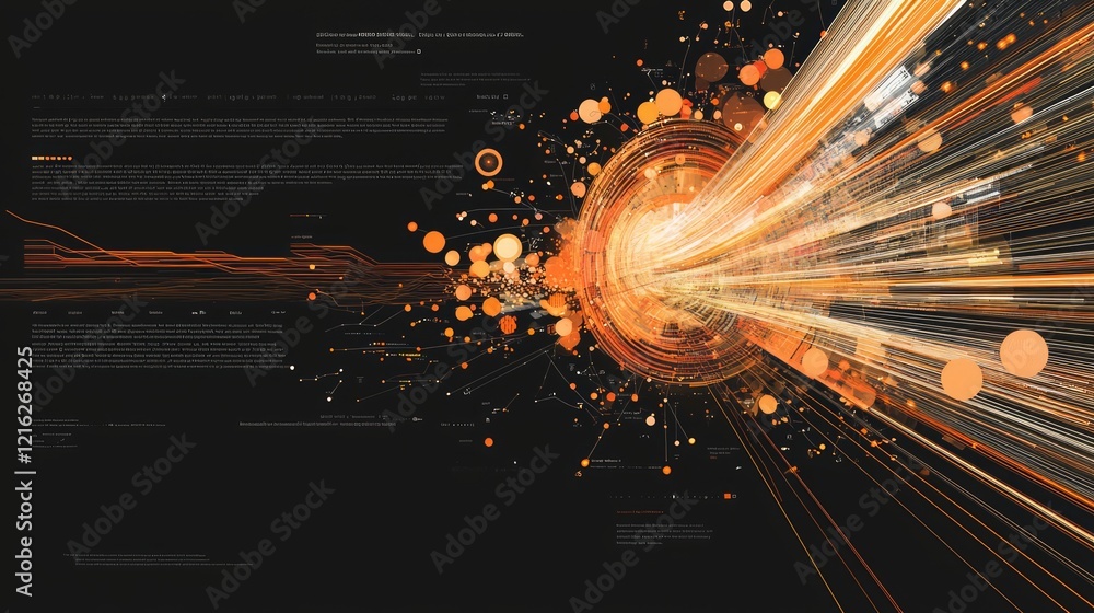Poster marketing research data technology. abstract data stream visualization orange hue.