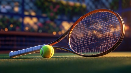 A tennis racket and ball resting on the green court near the net, with dramatic lighting.