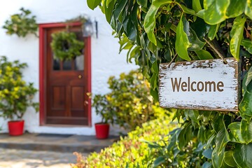 Charming Home Exterior with Welcome Sign