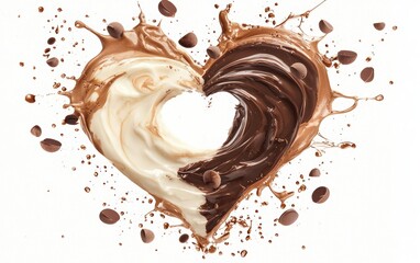Playful chocolate splash in a heart shape, with milk and dark chocolate layers, isolated on white