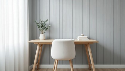 A beautifully designed workspace features a light wooden desk and a sleek white chair. Sunlight streams through sheer curtains, accentuating the soft gray walls
