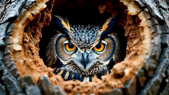 an owl  looking out of  a hollow tree