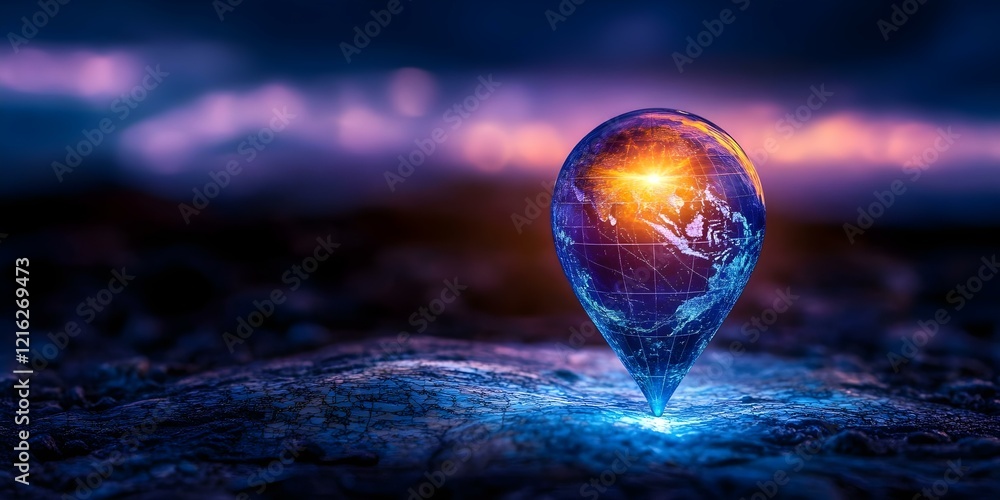 Poster a glowing map pin with a world map inside, symbolizing location or global connectivity against a vib
