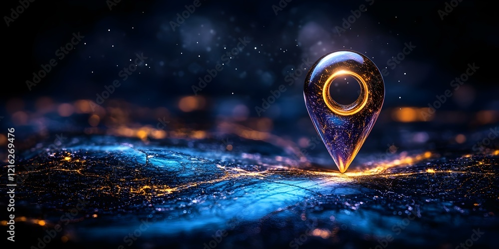 Poster a glowing map pin icon on a dark, abstract background with shimmering lights, symbolizing location a