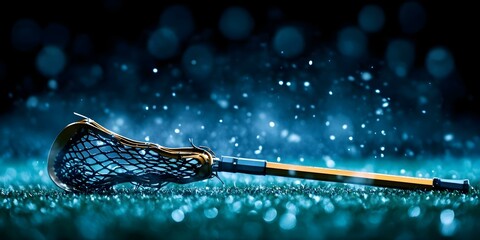 A lacrosse stick lying on a grass surface, with a blurred blue bokeh background and water droplets around it. Concept Lacrosse Stick Detail, Grass Texture, Blurred Bokeh Effect, Water Droplets
