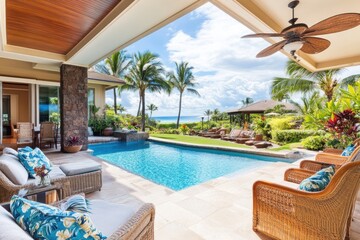 Fototapeta premium Luxury Tropical Home Poolside Patio Ocean View