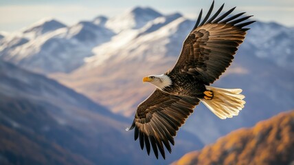 Fototapeta premium A majestic eagle soars over snow-capped mountains, showcasing its powerful wings and keen eyesight in a stunning natural landscape.
