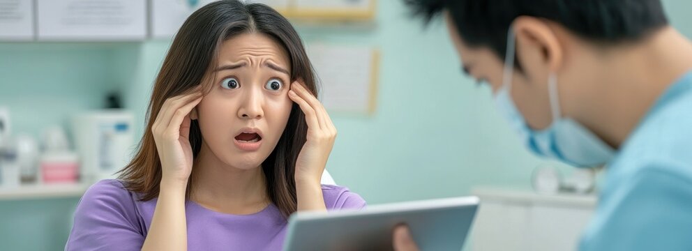 Shocked woman reacting to bad news from doctor.