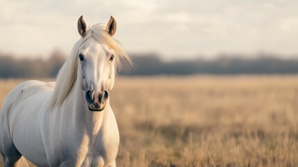 Obraz premium A beautiful white horse stands gracefully in a golden field, showcasing its elegance against a serene, soft-focus background.