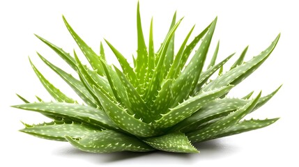Aloe vera plant, bright green, spiky leaves, succulent, white background, high detail, macro photography, botanical illustration, vibrant colors, studio lighting, sharp focus, isolated object