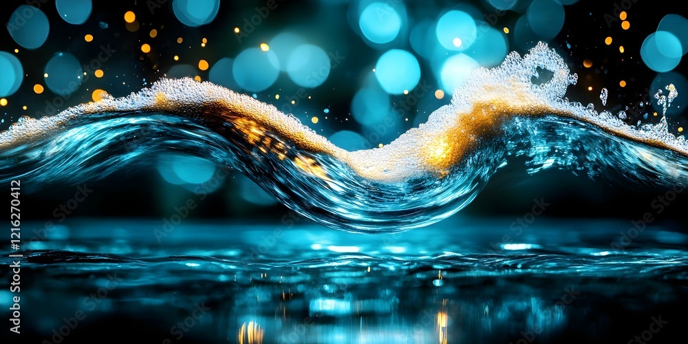 Poster a dynamic wave of water with bubbles and shimmering light reflections, creating a vibrant and fluid 