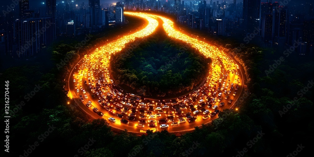 Poster aerial view of a busy highway at night, with streams of car lights creating a winding pattern throug