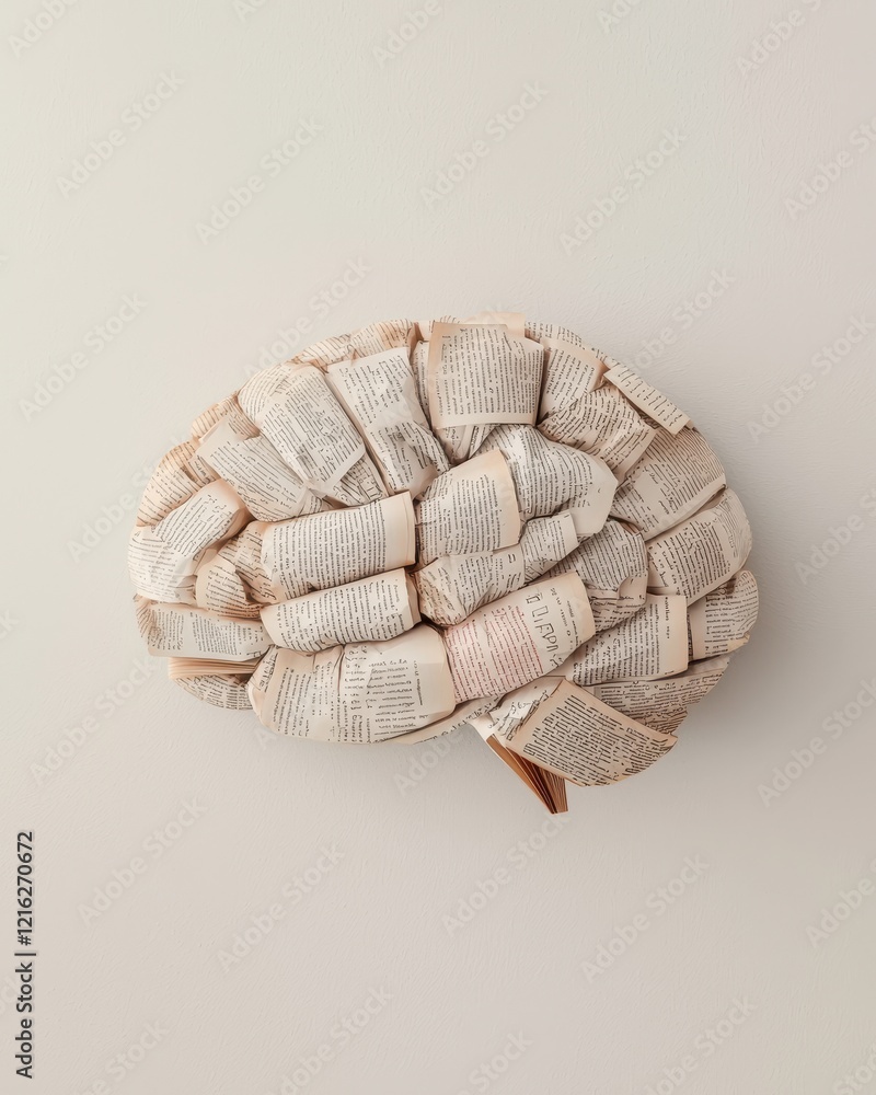 Poster a textured, abstract representation of a brain, crafted from various materials, showcasing a blend o