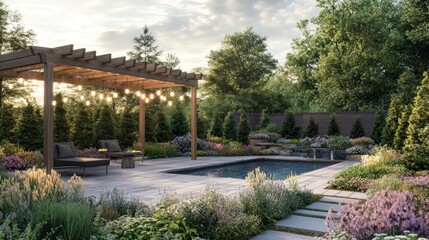 Obraz premium Serene Backyard Oasis Featuring Pool Pergola and Lush Landscaping