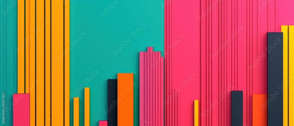 Poster a vibrant abstract composition featuring colorful vertical bars against a turquoise background, crea