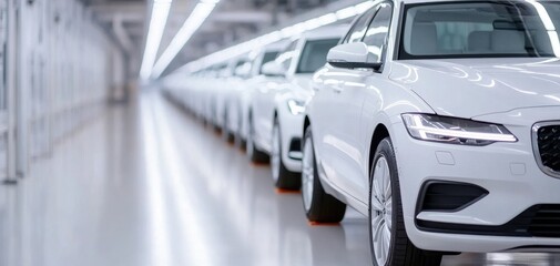A row of sleek, modern white cars lined up in a bright, spacious manufacturing facility.