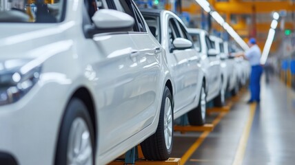 Obraz premium A row of white cars in a factory setting, showcasing an organized assembly line with a worker in the background.