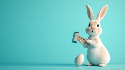 Obraz premium Easter Bunny with Hammer: A cute, cartoonish Easter bunny holds a small hammer next to a large egg against a vibrant teal background.