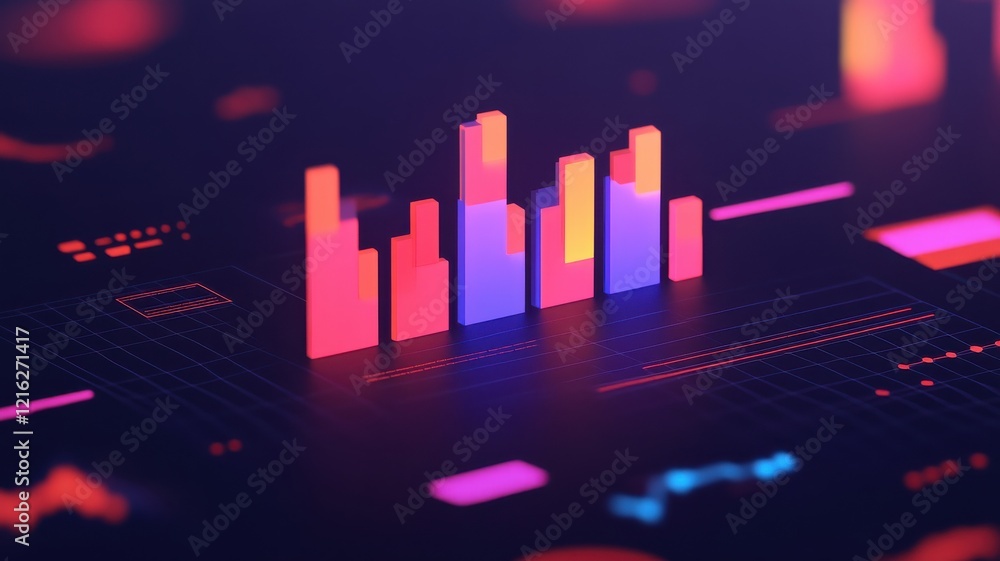 Poster a vibrant, abstract representation of bar graphs on a digital interface, showcasing data visualizati