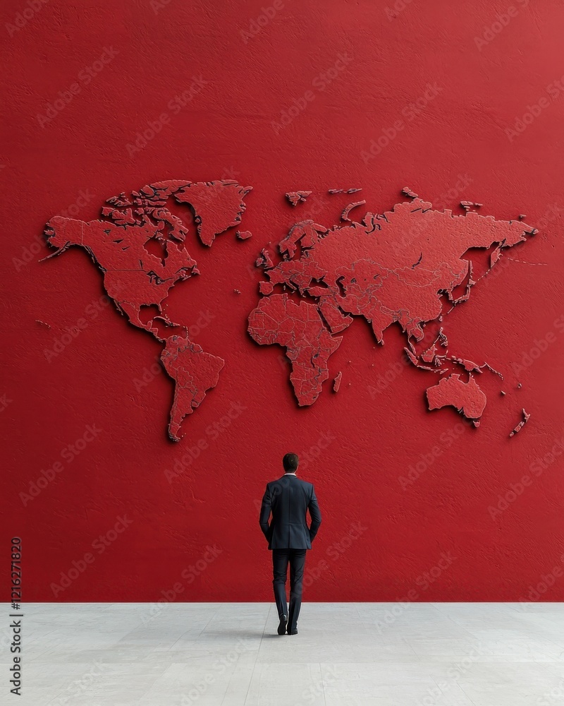 Poster a man stands before a red wall featuring a textured world map, creating a striking visual contrast a