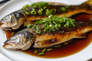 Delicate steamed fish is elegantly presented on a white plate, garnished with fresh green onions and drizzled with rich soy sauce. This dish highlights a blend of flavors ideal for gourmet dining