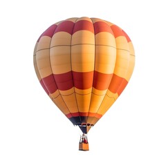 Obraz premium Hot air balloon, vibrant colors, orange and red stripes, yellow panels, floating in sky, majestic, whimsical, adventure, sunrise tones, isolated on white background, detailed texture, photorealistic