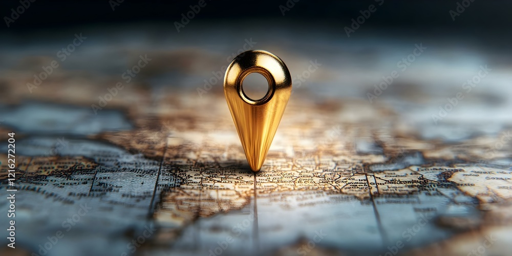 Poster a golden location pin placed on a map, highlighting a specific geographical area. concept geolocatio