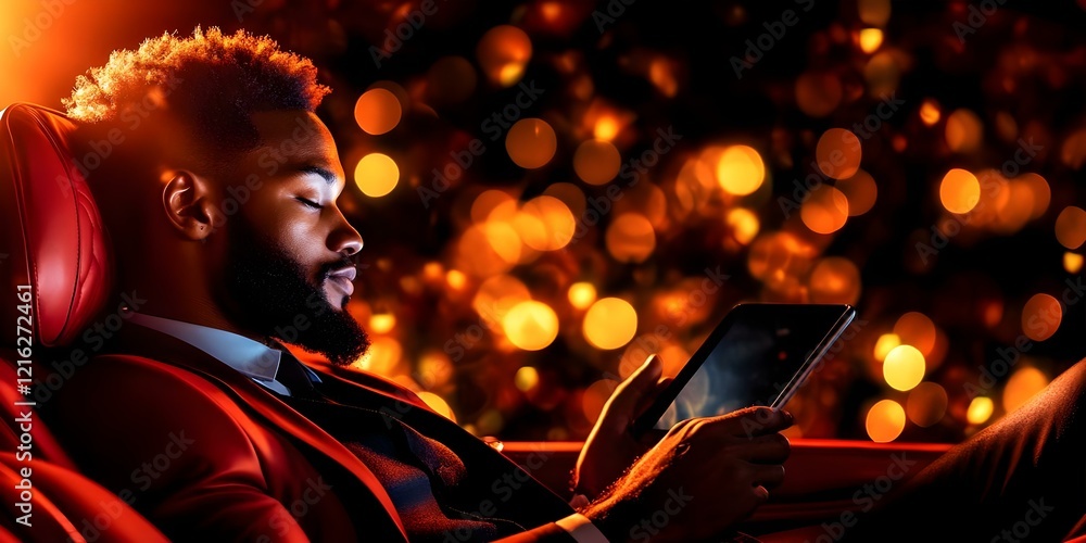 Poster a man in a suit is relaxing while using a tablet, surrounded by a warm, glowing bokeh background. co