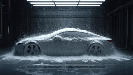 Car covered in foam during a wash in a garage.