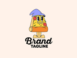 Fun slice pizza wearing witch hat logo character mascot retro cartoon hand drawn 