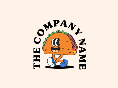 Playful taco walking logo character mascot retro cartoon hand drawn for restaurant and food shop