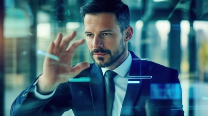 Businessman business woman touching screen scan fingerprint biometrics identity to confirm. Big Data neural network protection security data concept