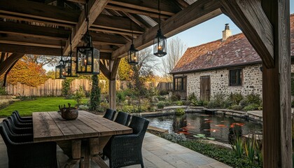 Wooden Pergola Overlooking Koi Pond and Stone Cottage