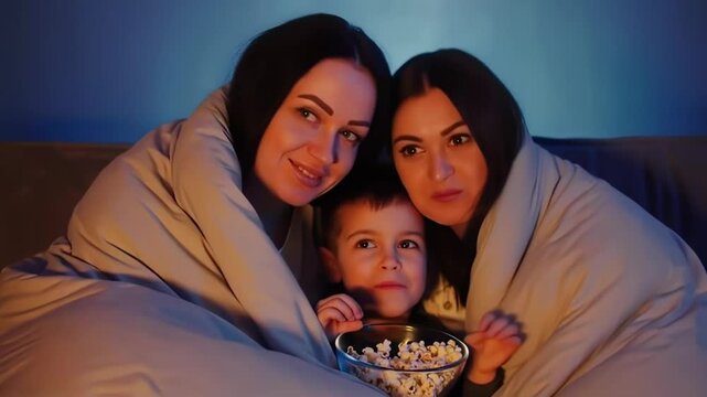Lgbt family watching movie and eating popcorn