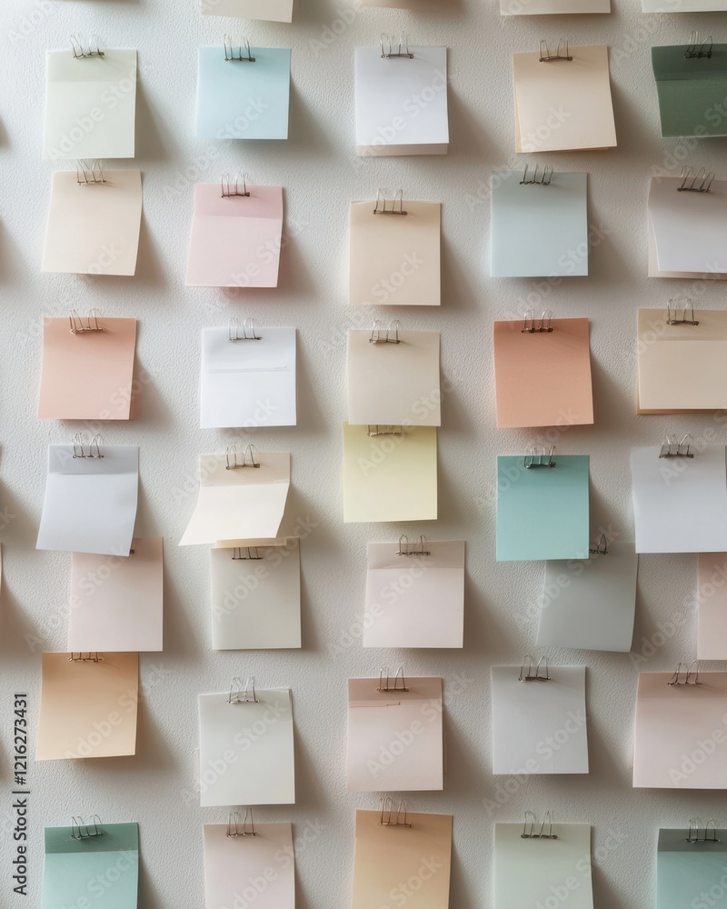 Poster a wall covered with a grid of colorful sticky notes in pastel shades, organized in a neat and visual
